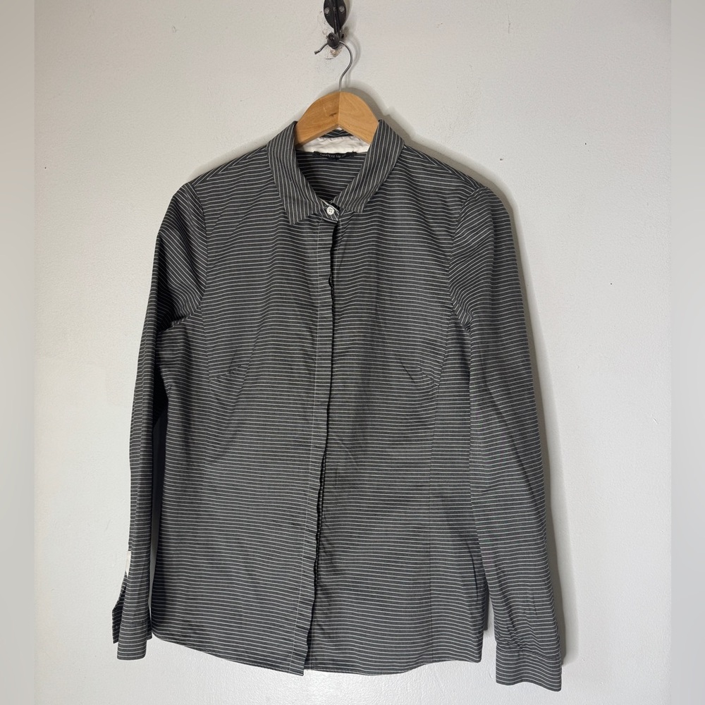 lafayette 148 Gray White Stripe Collar Button Down Top Size 14